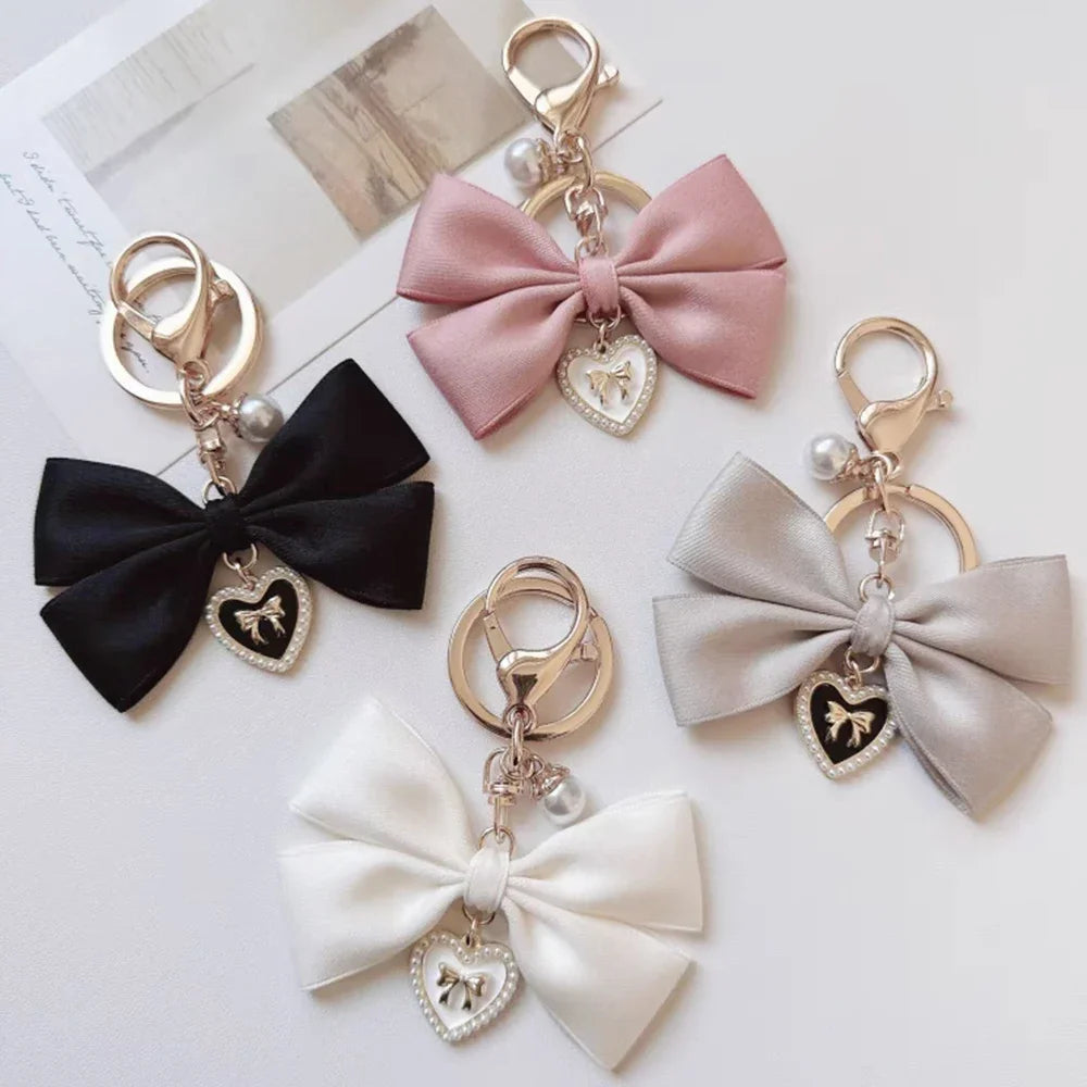 Imitation Pearl Keychain Ribbon Bowknot Bag Charm for Women Fashion Keychain Axl Randomly mix 3pcs