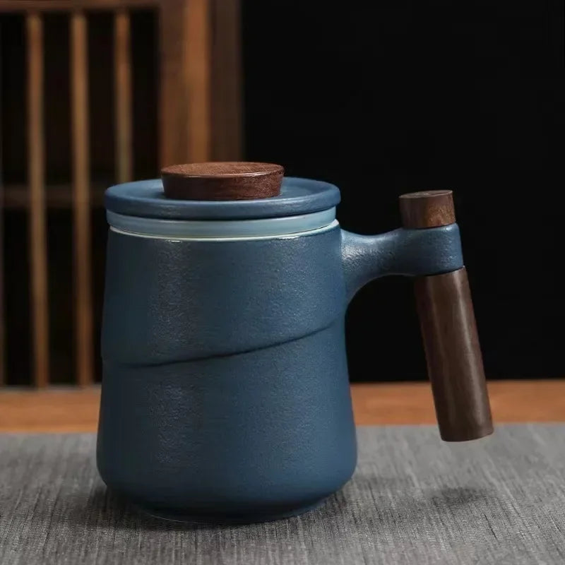 Black Ceramic Tea Mug – Wooden Handle, Filter & Gift Box Ceramic Tea Mug Axl 301-400ml Blue