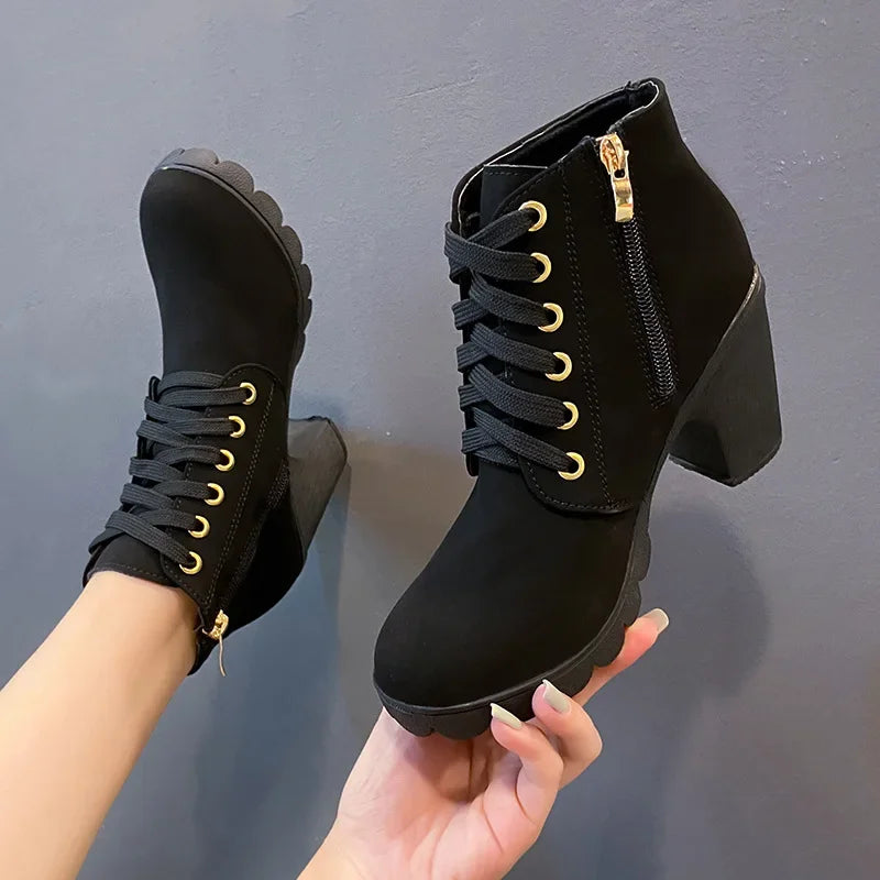 Women's Lace-Up Platform Ankle Boots | Square Heel Plus Size Platform Ankle Boots Axl