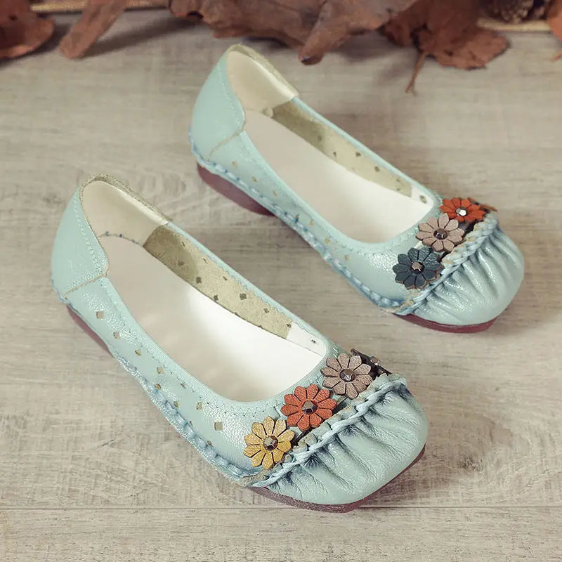 Women's Genuine Leather Floral Loafers | Wide Fit Flat Moccasins Leather Flat Loafers Axl