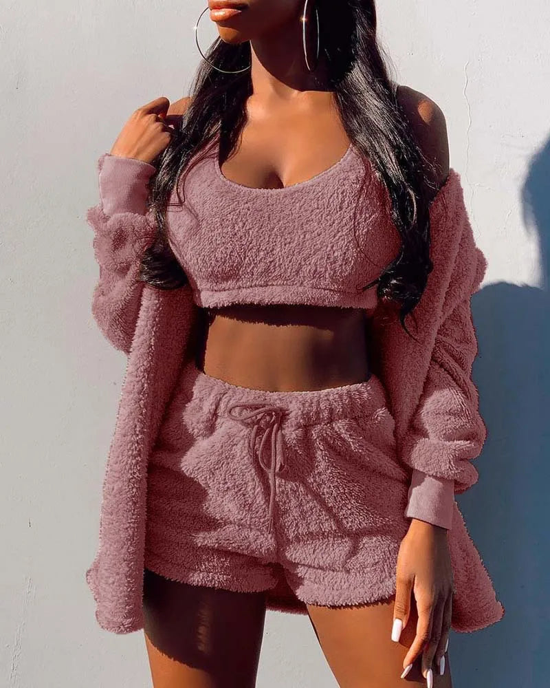 Women's 3-Piece Velvet Fleece Pajamas Set – Crop Top Shorts Coat Women's Pajamas Set Axl