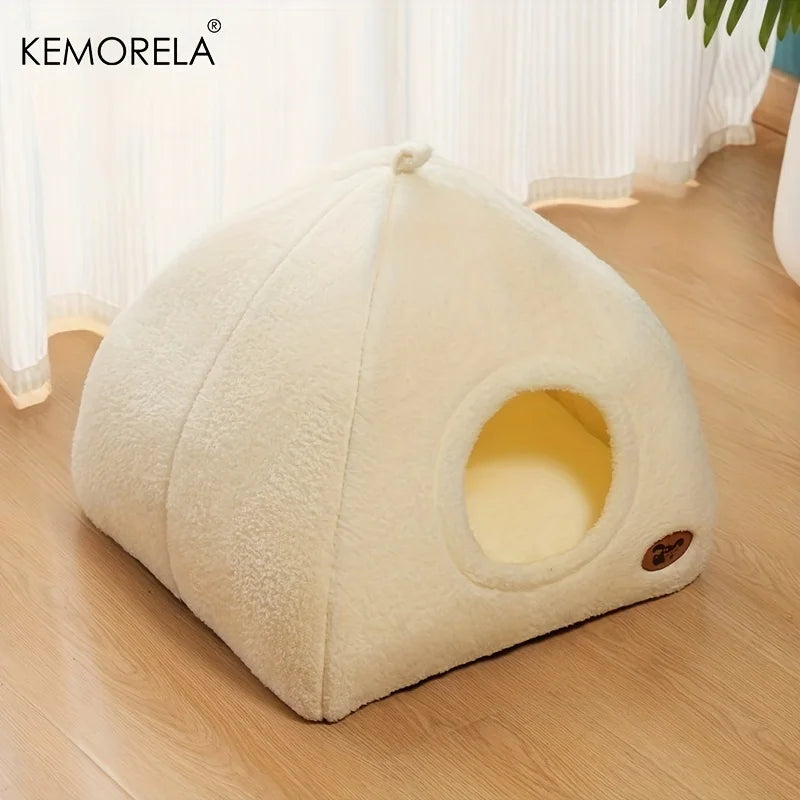 KEMORELA 2-in-1 Cat House Tent Bed – Washable Cushion Cat House Bed Axl Rice white M