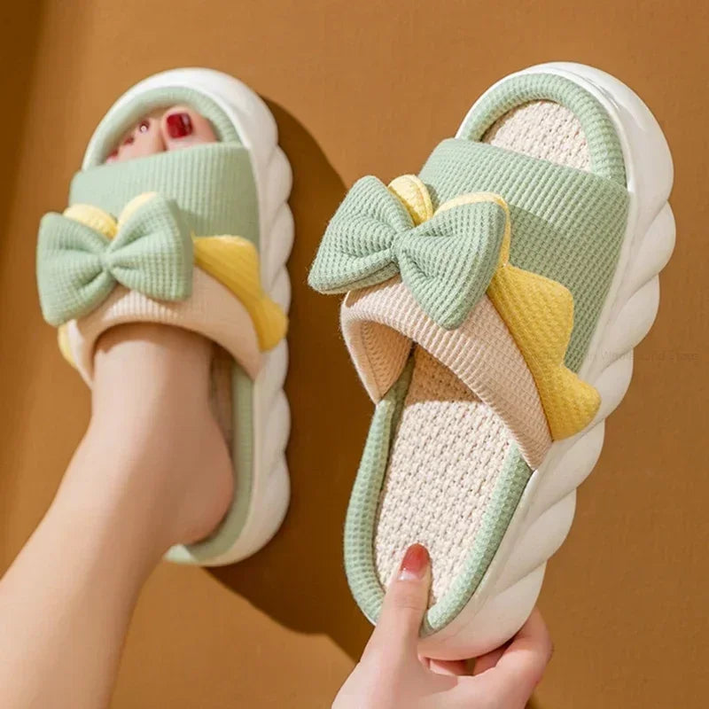 Women's Linen Bowknot Slippers – Anti-Slip Flat Cotton Slides House Slippers Axl