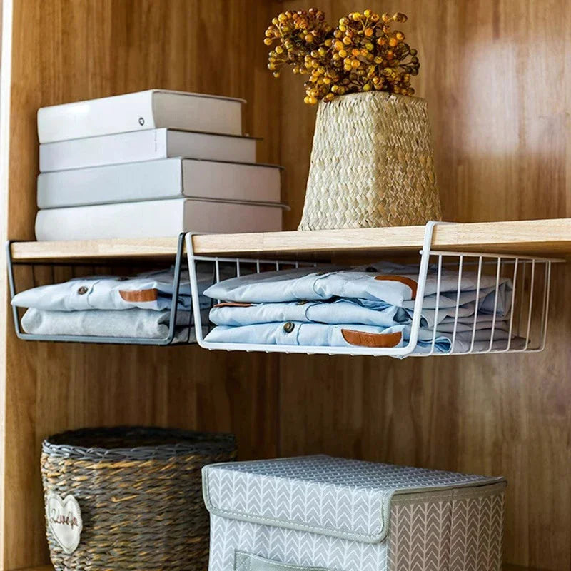 No-Drill Under-Table Hanging Iron Storage Basket & Shelf Hanging Storage Basket Axl