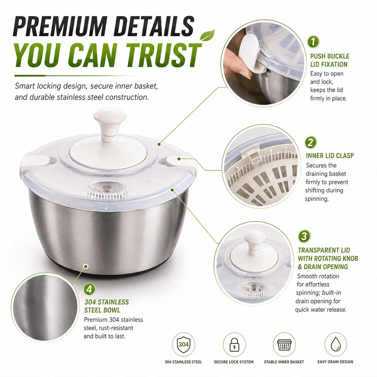 Large 5L Salad Spinner – Hand Crank Lettuce & Veggie Dryer Salad Spinner Axl