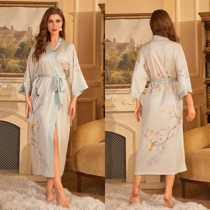 Women's Floral Satin Kimono Robe – Lace-Up Silk Bathrobe Satin Kimono Robe Axl 12 One Size