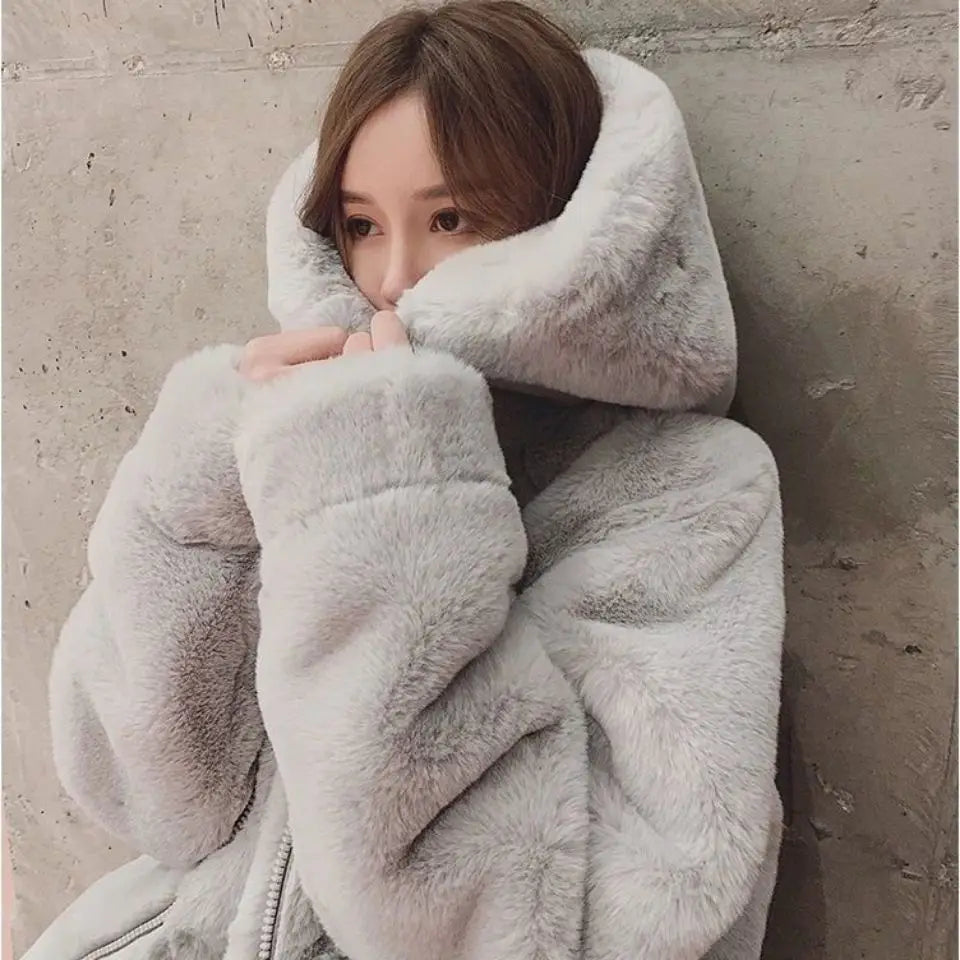 Women's Hooded Faux Fur Coat – Korean Style Plush Fleece Faux Fur Coat Axl