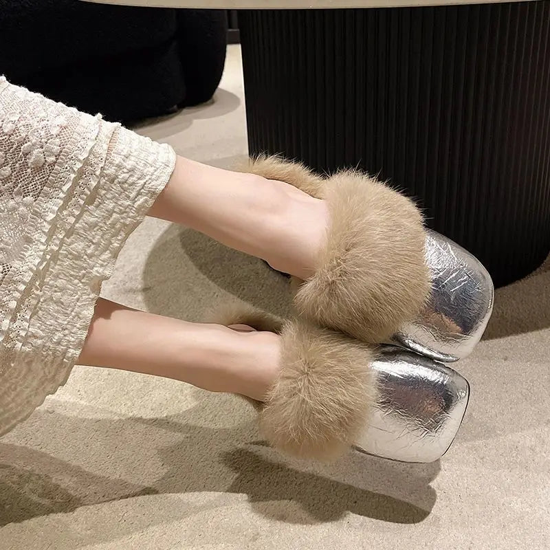 Women's Plush Flat Half Slippers – Warm Non-Slip Winter Shoes Plush Flat Slippers Axl