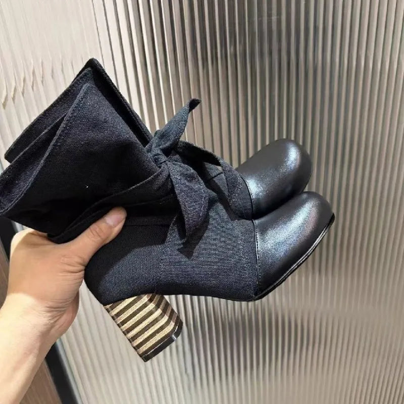 Women's Black Denim Patchwork Mid-Calf Booties | Square Heel Mid-Calf Booties Axl 39 black