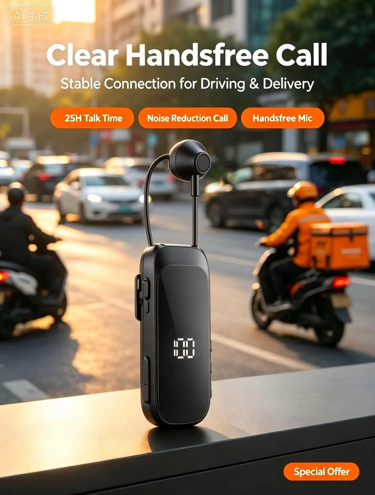 K30 Clip-On Bluetooth Headset | 25H Talk, Digital Display Bluetooth Headset Axl