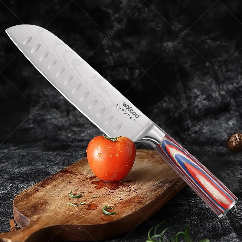 WXCOO Damascus Santoku Knife & Peeler Set – Wood Handle Kitchen Knife Set Axl