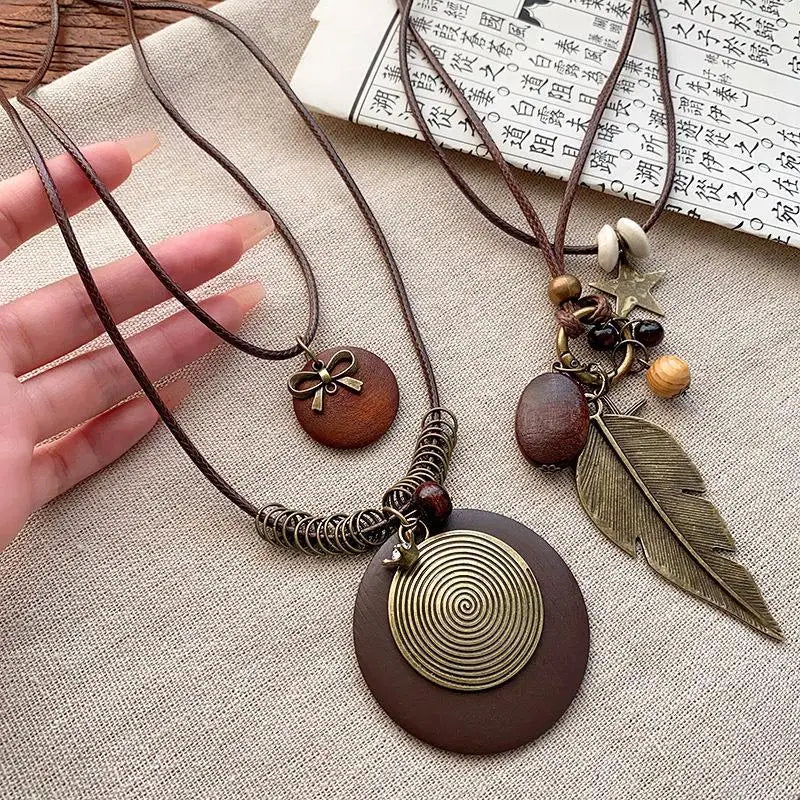 Vintage Boho Layered Metal Necklace – Antique Long Chain Pendant Boho Chain Necklace Axl
