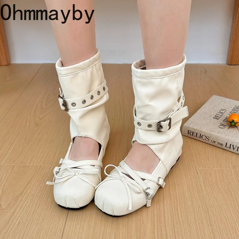 Women's Hollow Out Wedge Sandal Boots – Bow Buckle Mid-Calf Wedge Sandal Boots Axl