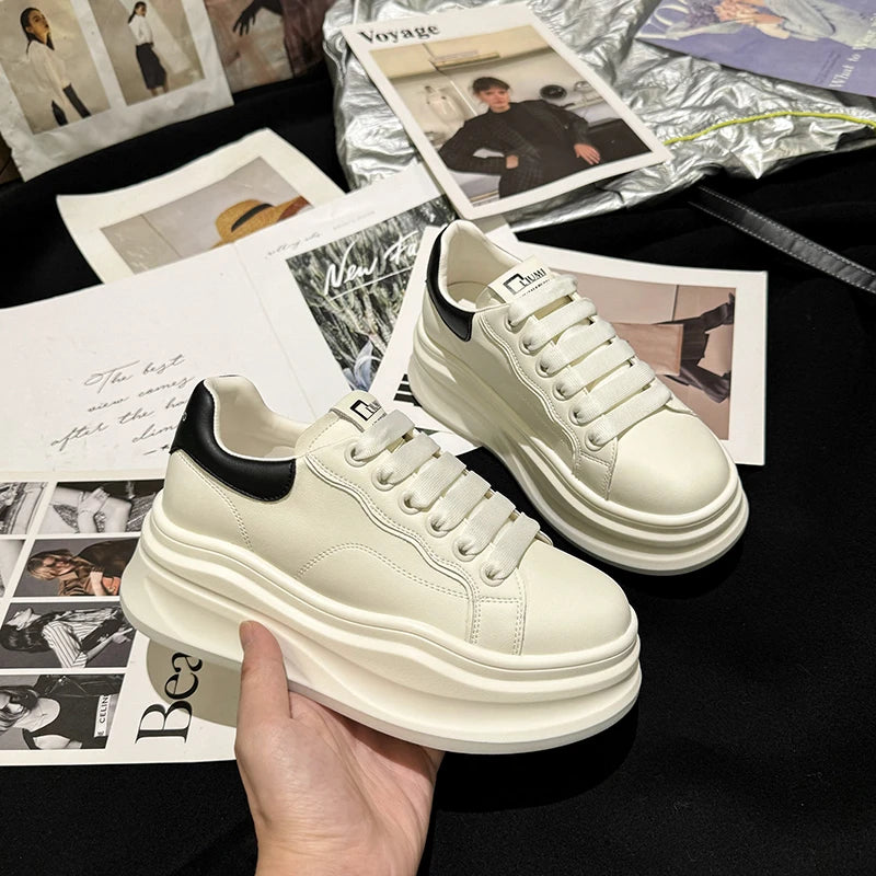 Women's White Platform Sneakers – PU Leather Lace-Up Flats Platform Sneakers Axl black 40