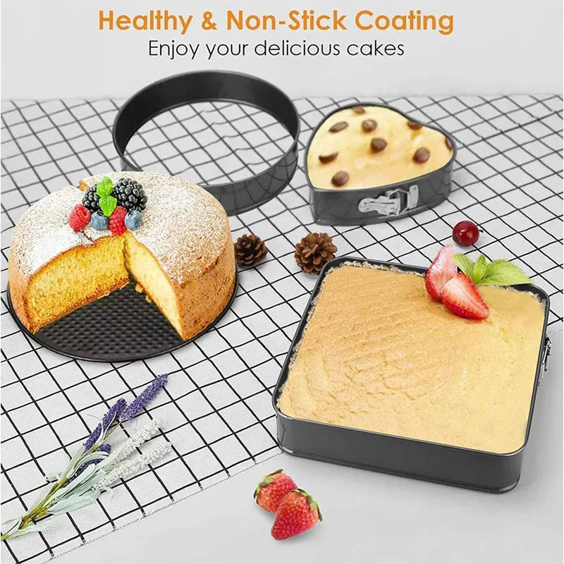 3-Piece Nonstick Springform Cake Pan Set – Round Heart Square Springform Cake Pan Set Axl