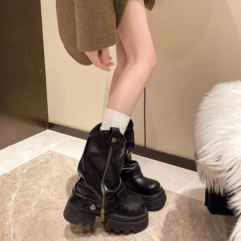 Women's Zip Block Heel Mid-Calf Platform Boots | Round Toe Mid-Calf Boots Axl Black 38