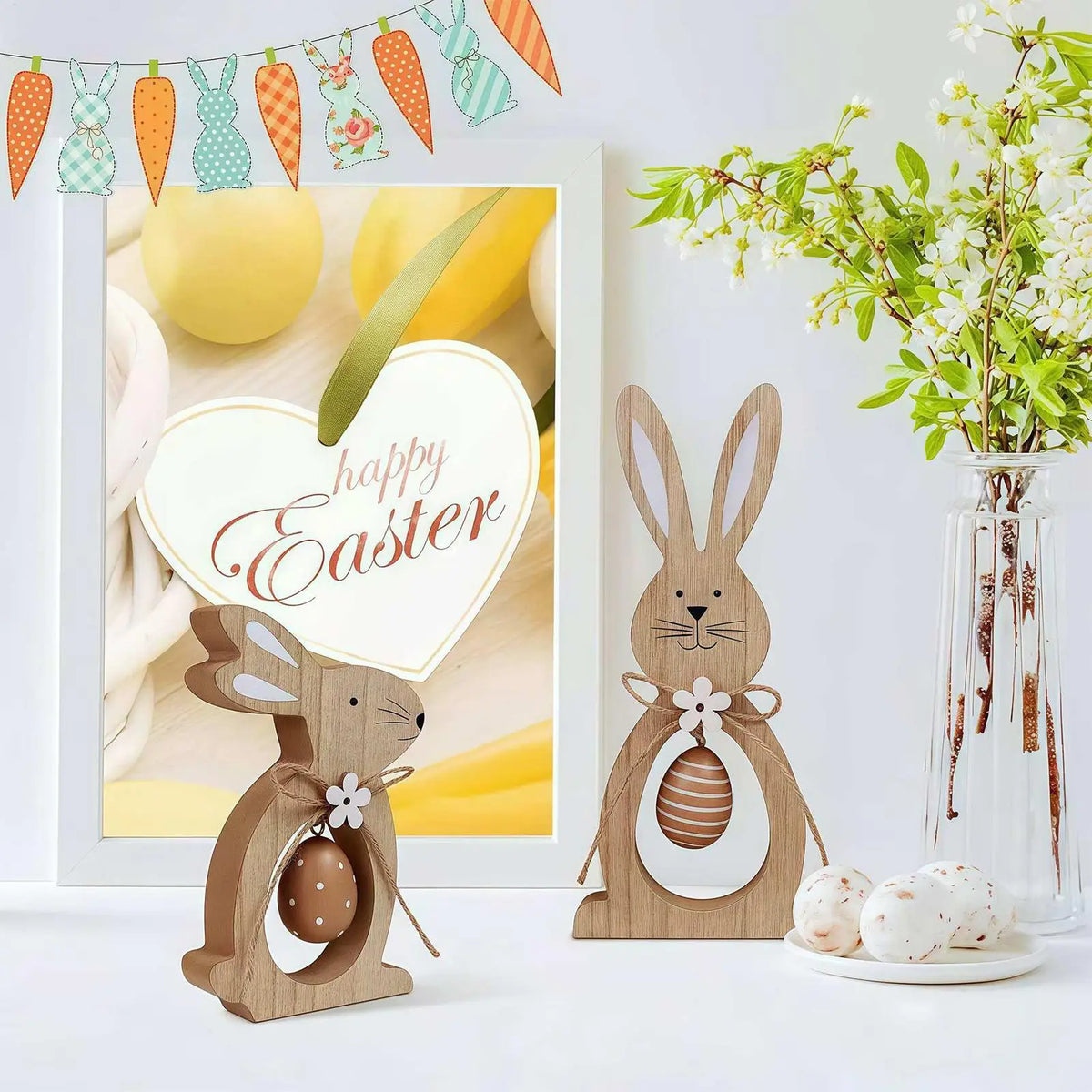 Wooden Easter Bunny Statues – Set of 2 Standing Ornaments Easter Bunny Ornament Axl