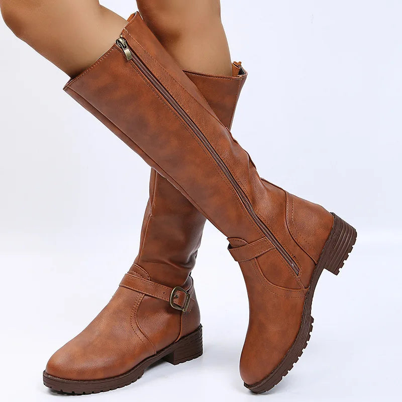Women's Vintage Brown Knee-High Boots | PU Leather Zip Knee-High Boots Axl