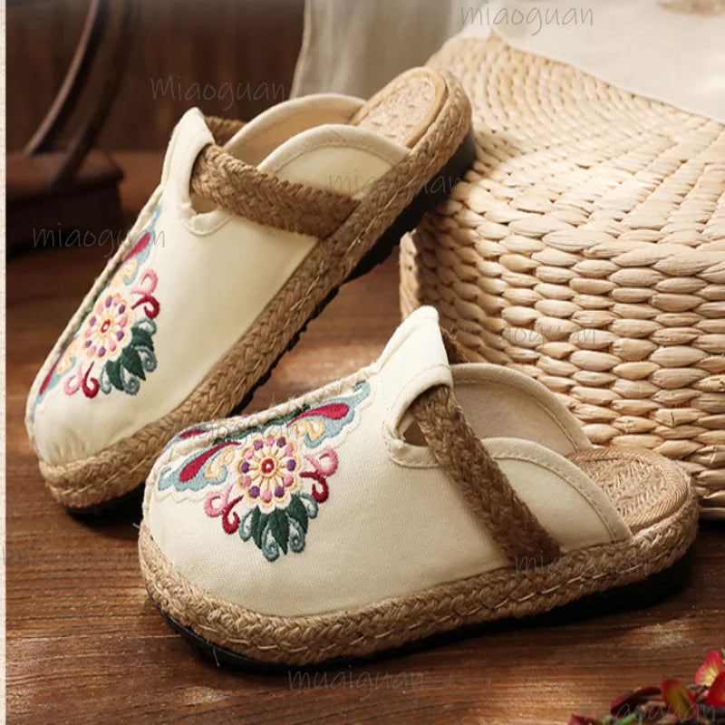 Women's Embroidered Linen Mule Slippers – Flat Ethnic Sandals Mule Slippers Axl white-2 35