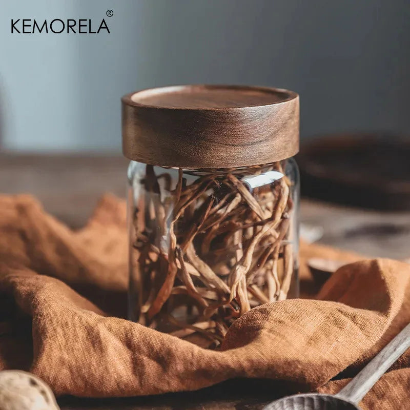 Glass Sealed Storage Jars with Wood Lid | Kitchen Organizer Glass Storage Jars Axl