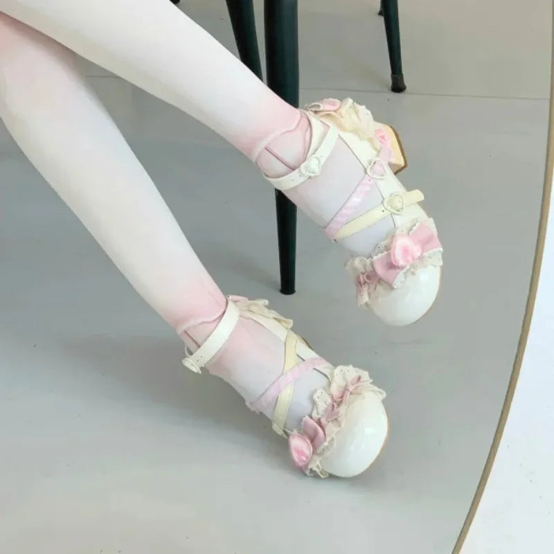 Women's Lolita Mary Jane Heels – Lace Strawberry Bowknot Pumps Mary Jane Pumps Axl