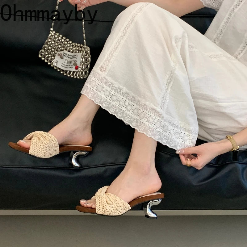 Vintage Weave Square Toe Wedge Slide Mule Women's Slippers Wedge Slide Mules Axl