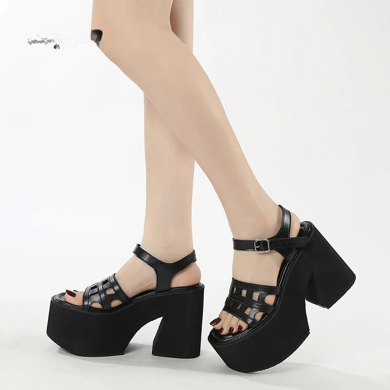 Women's Goth Platform Sandals Chunky Heel Ankle Strap Open Toe Platform Heeled Sandals Axl