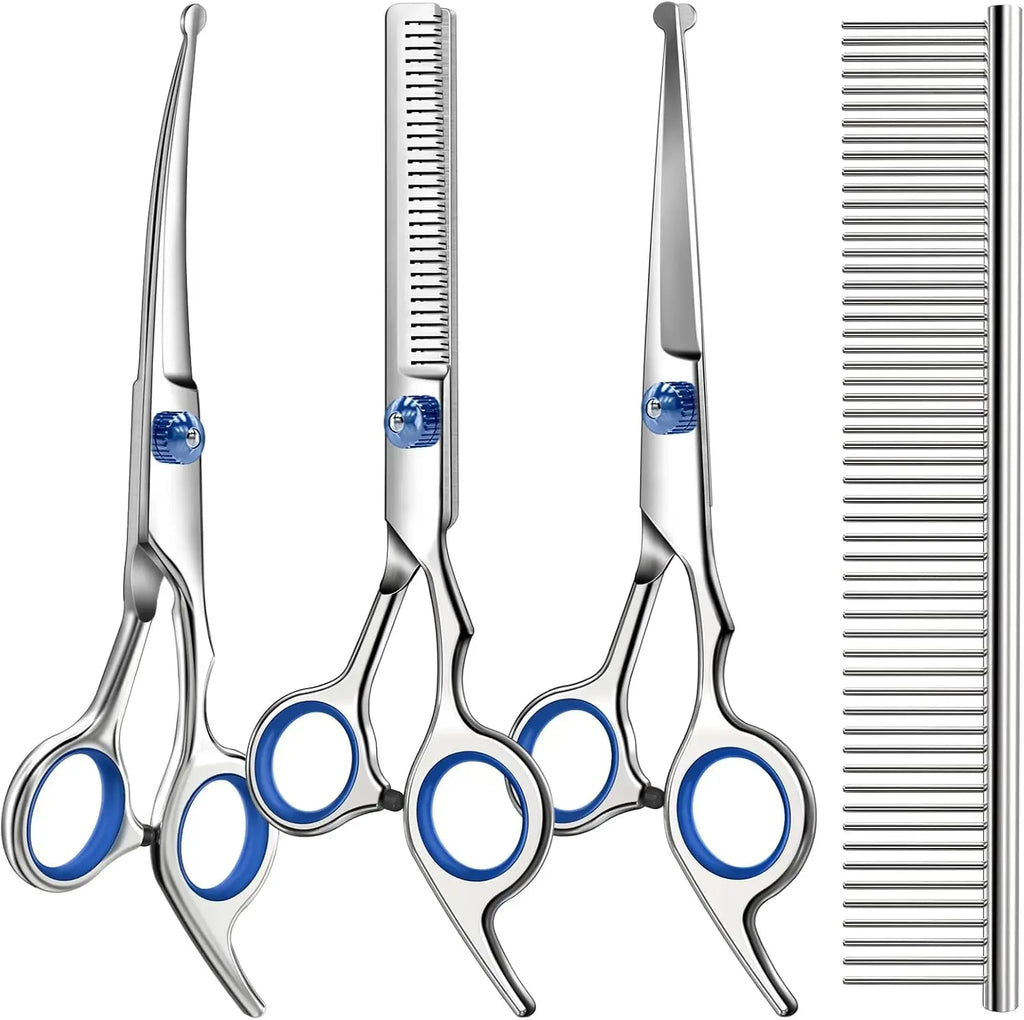 4-in-1 Dog & Cat Grooming Scissors Set – Straight, Curved & Thinning Pet Grooming Scissors Axl