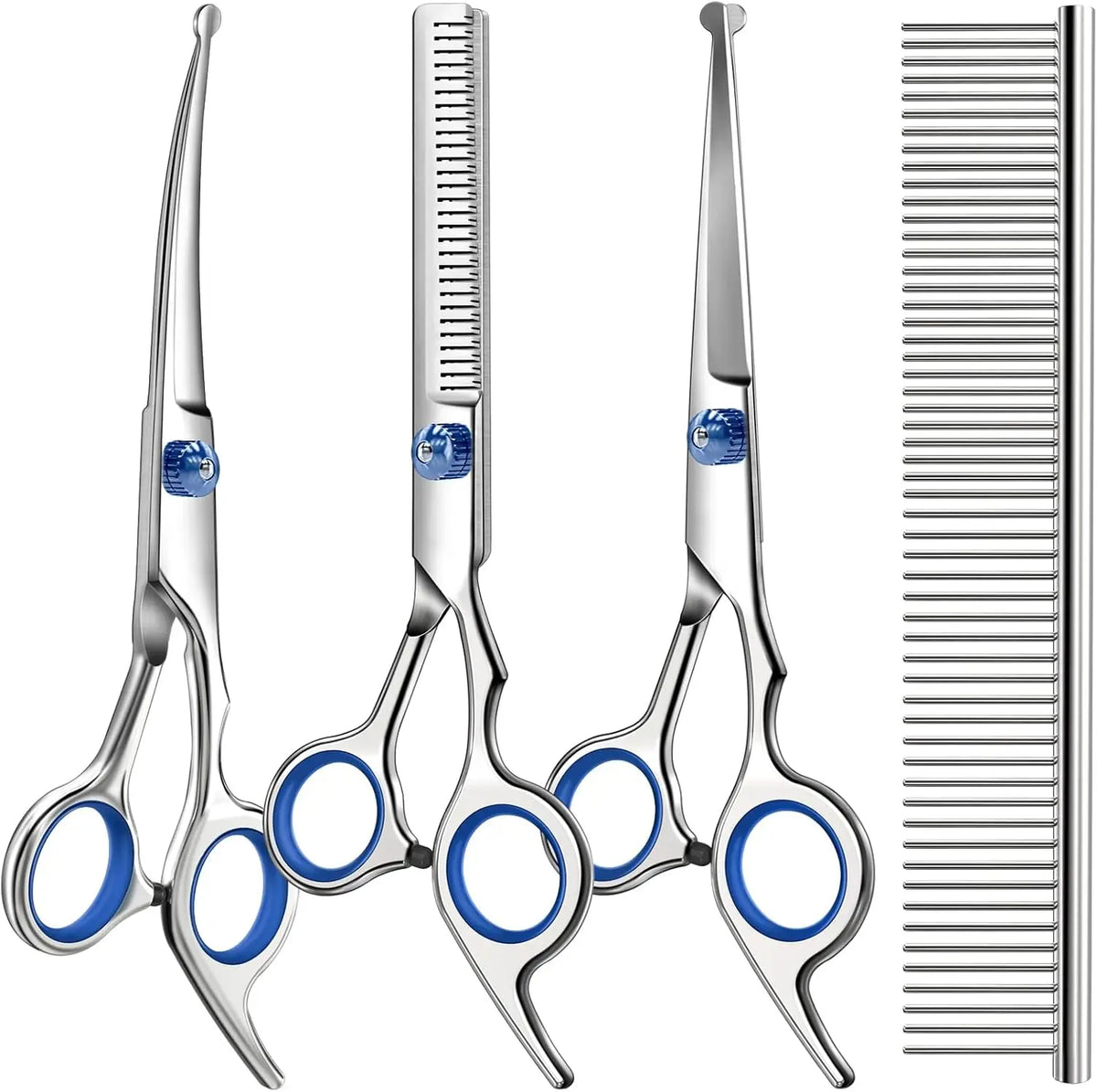 4-in-1 Dog & Cat Grooming Scissors Set – Straight, Curved & Thinning Pet Grooming Scissors Axl