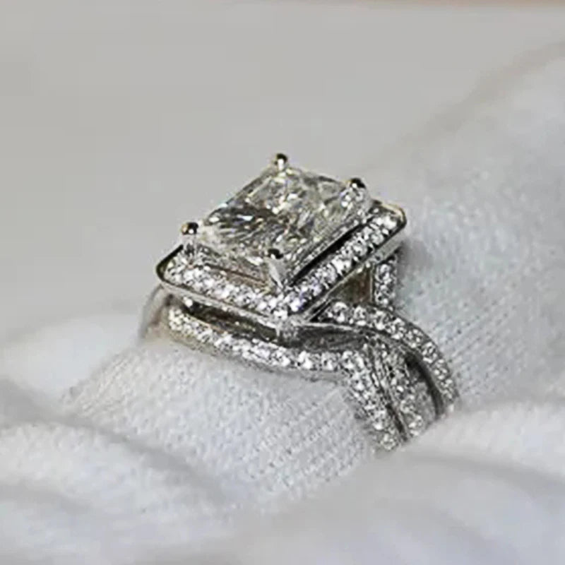 Huitan Geometric CZ 2-Piece Women's Ring Set | Silver Bridal Bridal Ring Set Axl