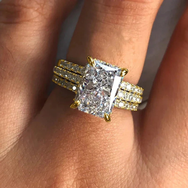 Huitan 3-Piece CZ Bridal Ring Set – Rectangular Wedding Rings Bridal Ring Set Axl
