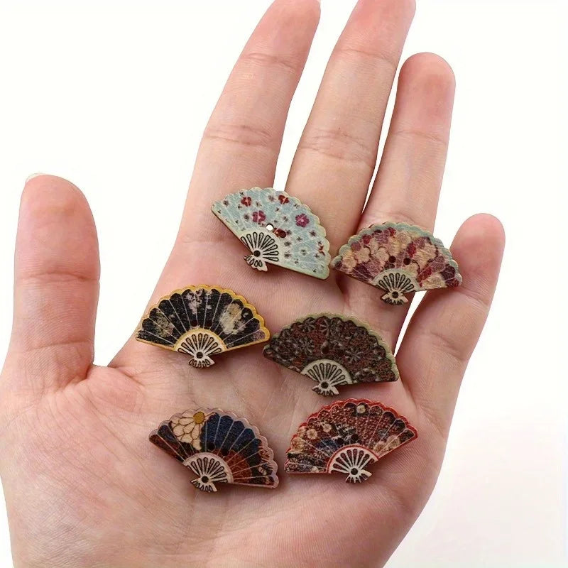 10 Pcs Painted Fan Wooden Pendants | Retro DIY Craft Ornaments Wooden Craft Pendants Axl