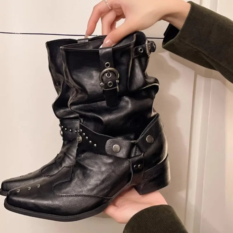 Women's Rivet Mid-Calf Knight Boots – Thick Heel Pointed Toe Women's Mid-Calf Boots Axl black 39