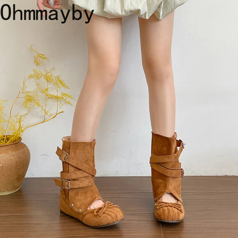 Women's Vintage Hollow-Out Wedge Boots – Multi Buckle Slip-On Wedge Boots Axl