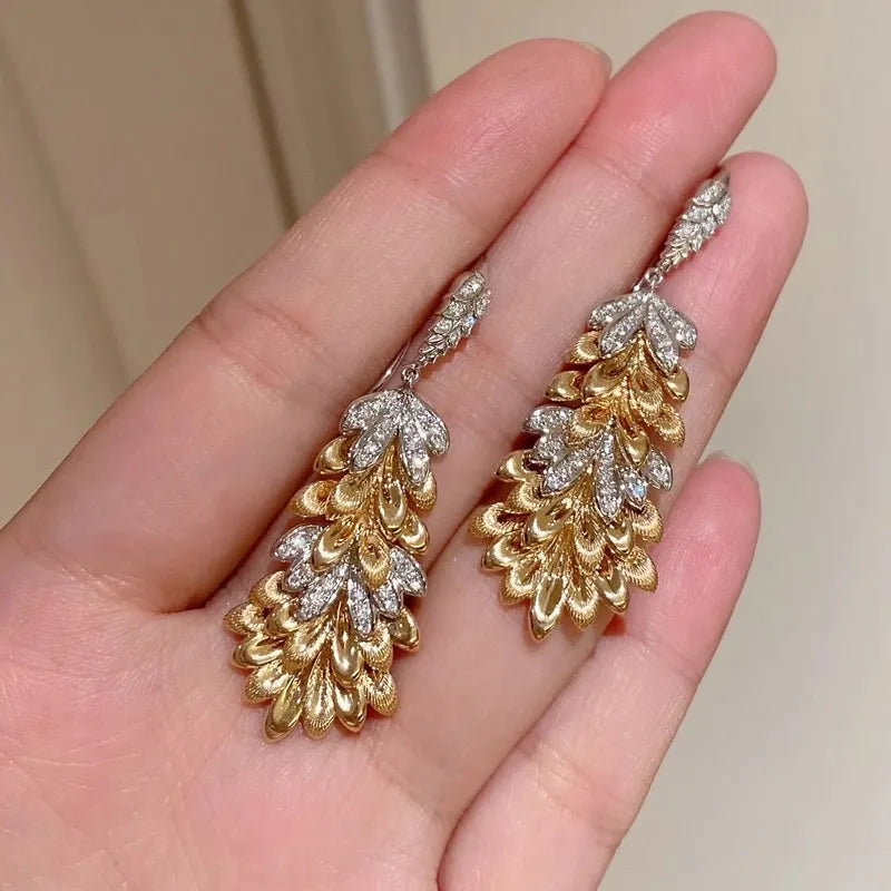 Huitan Two-Tone Leaf Drop Earrings | Cubic Zirconia Wedding Jewelry Drop Earrings Axl