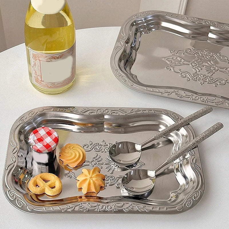 Stainless Steel Rectangular Tray – Embossed Vintage Serving Dish Serving Tray Axl