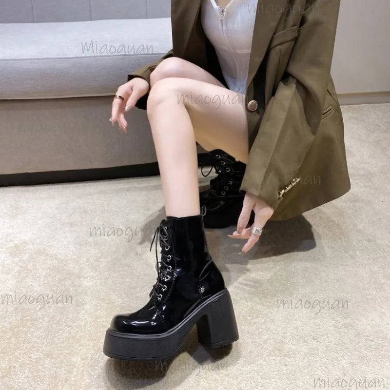 Women's Waterproof Platform Lace-Up Ankle Boots 9cm Heel Platform Ankle Boots Axl