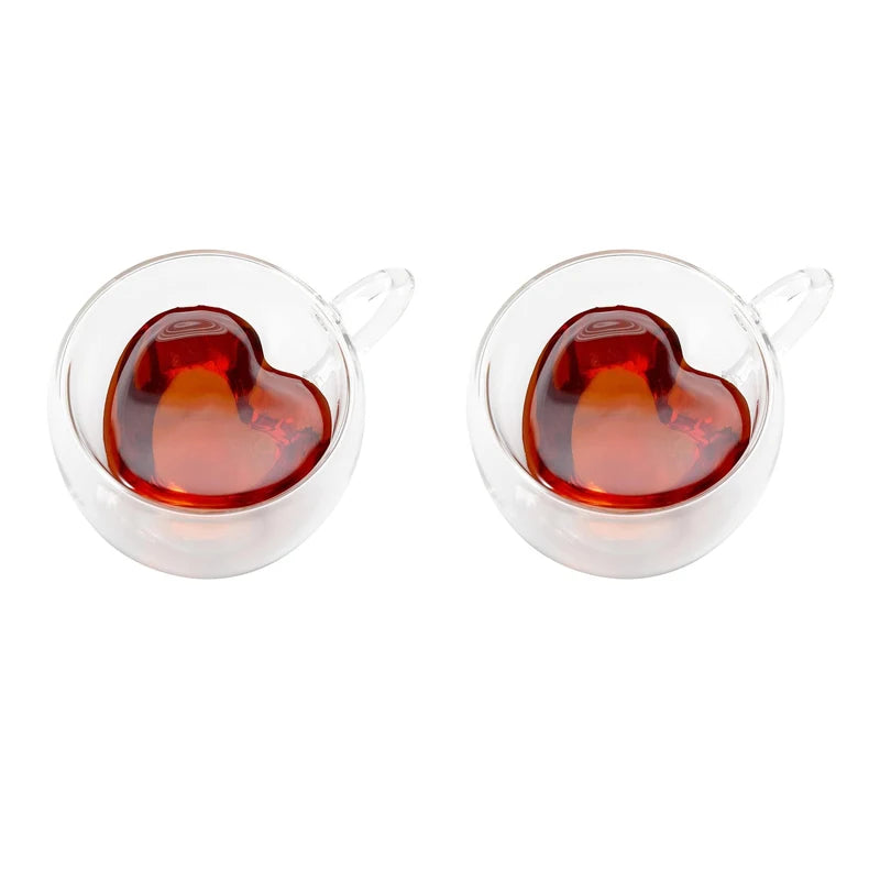 Heart Shaped Double Wall Glass Mugs Set of 4 | 240ml Coffee Double Wall Glass Mug Axl 2PCS 180ml