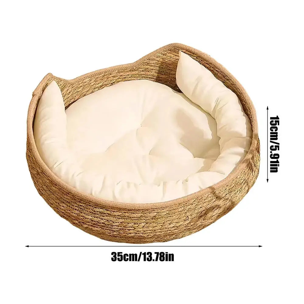 Cotton Rope Woven Cat Bed Cave – Round Kitten Nest with Pillow Cat Nest Bed Axl Yellow
