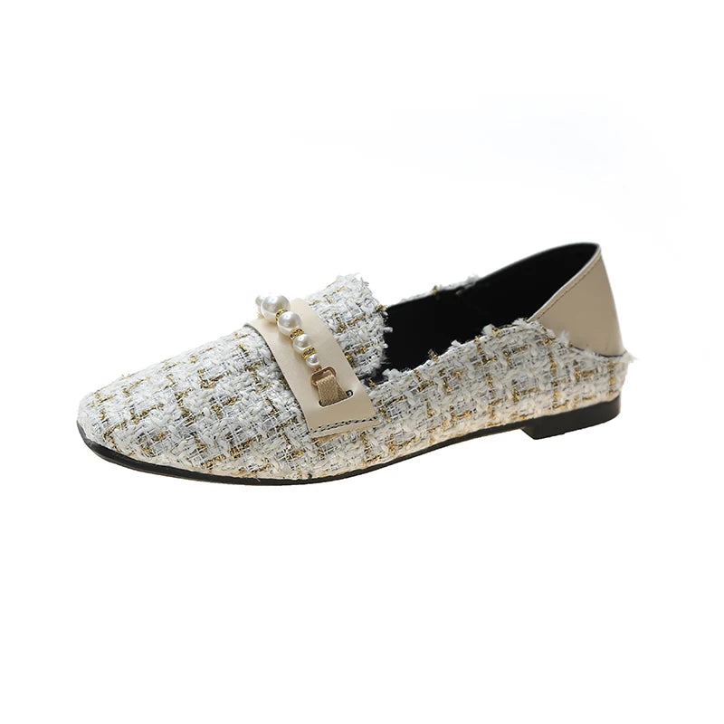 Women's Vintage Tweed Loafers | Pearl Chain Square Toe Flats Women's Flat Loafers Axl 36 Beige