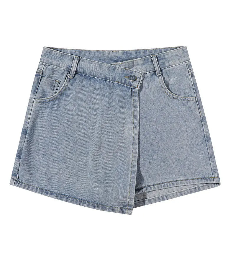 Women's High-Waist Denim Skort – Fake Two-Piece Jean Skirt Denim Skort Axl