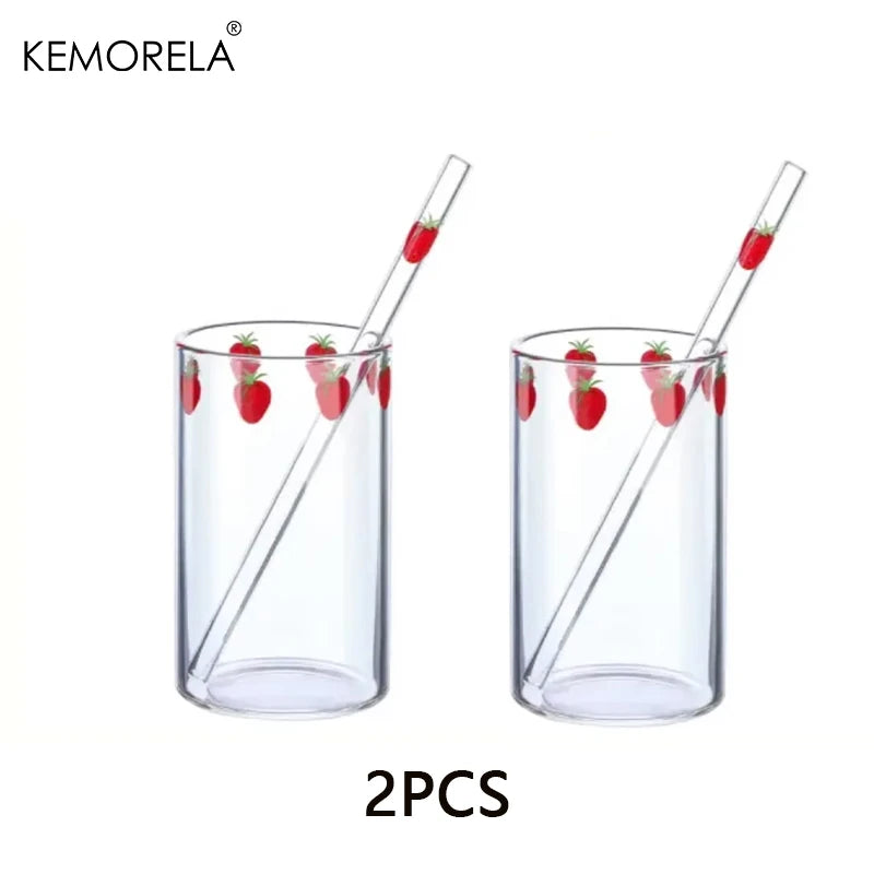KEMORELA 300ml Cute Glass Cup – Strawberry Orange Design Glass Drinkware Cup Axl 2PCS 301-400ml