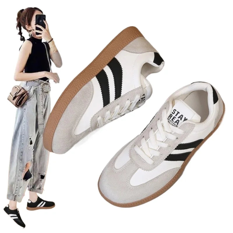 VKJF Women's Patchwork Leather Flat Sneakers – Lace-Up Casual Women's Casual Sneakers Axl