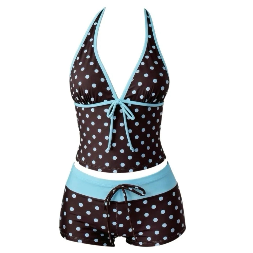 Polka Dot Halter Bikini Set – Deep V Lace-Up Low Waist Swimwear Halter Bikini Set Axl Coffee-Blue L