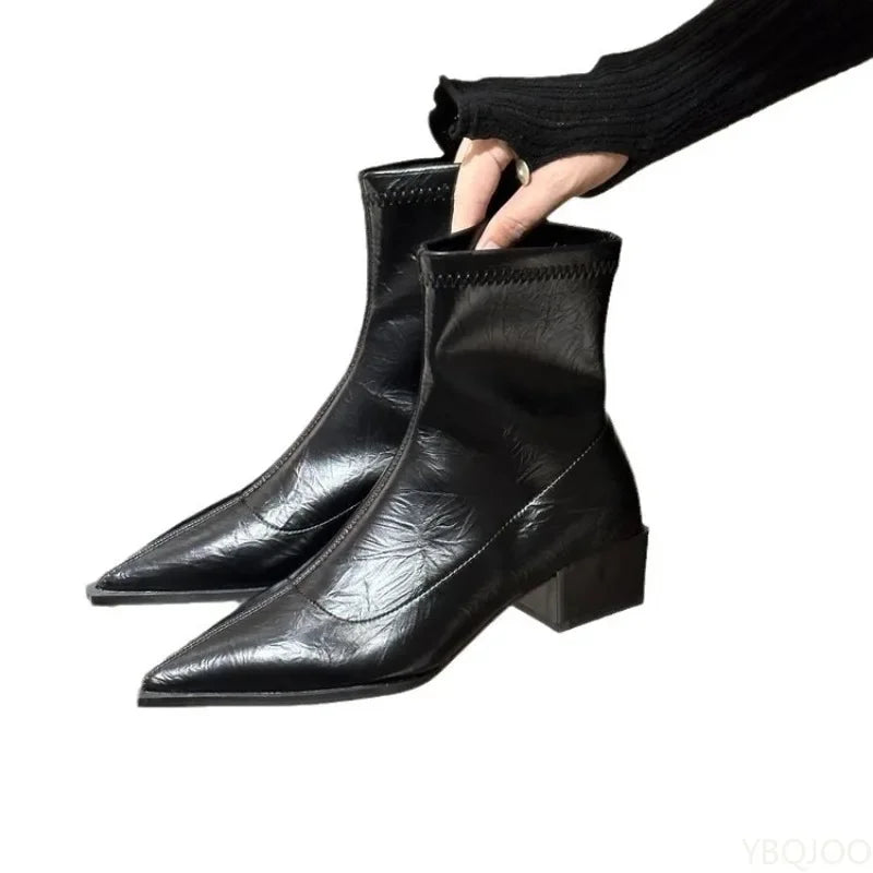YBQJOO Women's Pointed Toe Ankle Boots | Block Heel Slip-On Women's Ankle Boots Axl