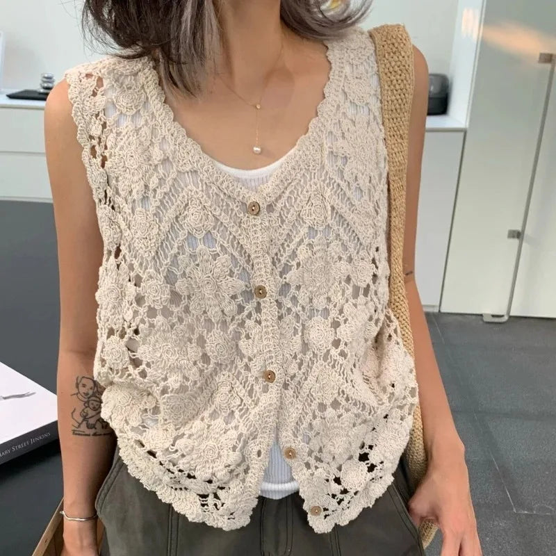 Embroidered Floral Crochet Vest – Boho Sleeveless Cardigan Crochet Knit Vest Axl