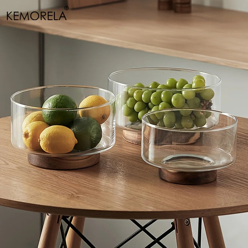 Glass Fruit Bowl with Wood Base – Large Salad & Snack Bowl Glass Serving Bowl Axl