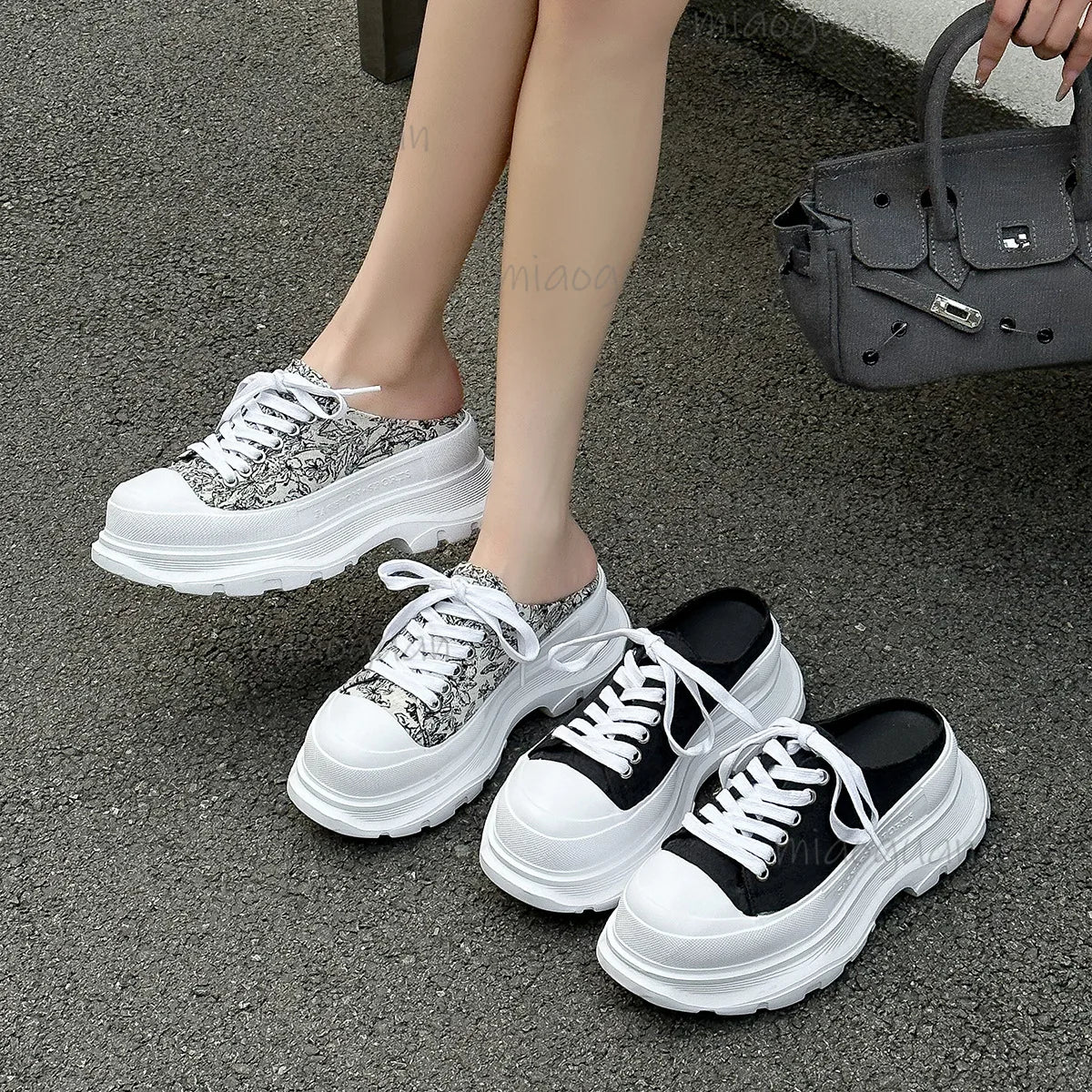Women's Chunky Platform Canvas Wedge Slip-On Slippers Platform Wedge Slippers Axl