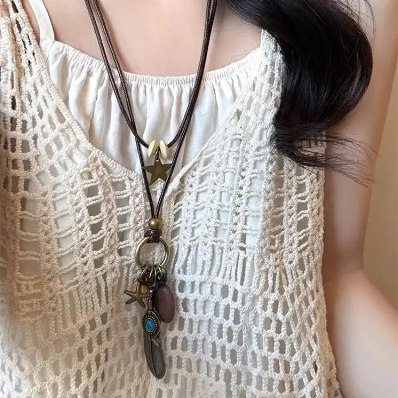 Vintage Boho Layered Metal Necklace – Antique Long Chain Pendant Boho Chain Necklace Axl A2