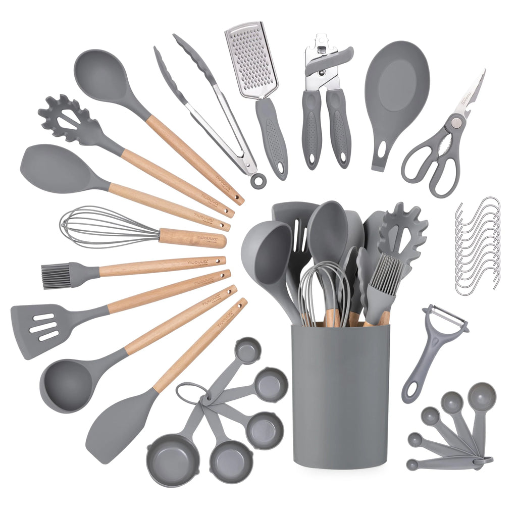 35-Piece Silicone Kitchen Utensil Set – Wooden Handle Cookware Silicone Utensil Set Axl 35 C